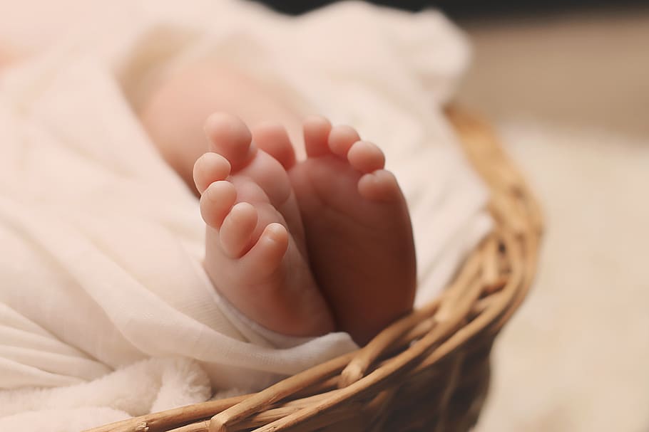 Baby's Feet on Brown Wicker Basket, blanket, close-up, cute, human