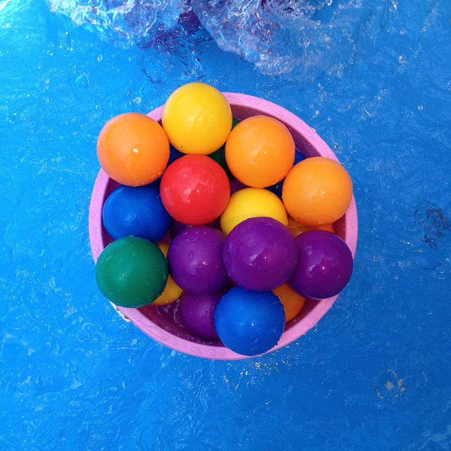 playtime, balls, pool, multi colored, high angle view, food HD wallpaper
