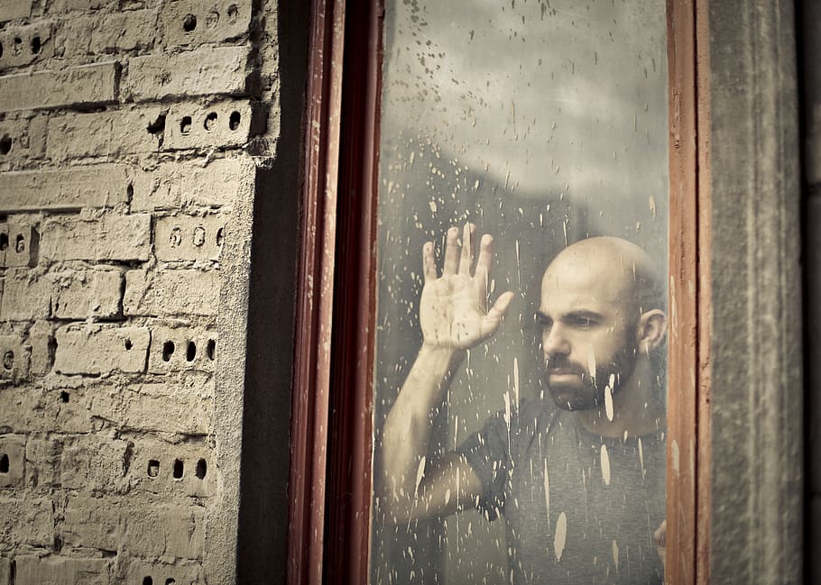 man leaning on window, one person, men, adult, shaved head, door, HD wallpaper