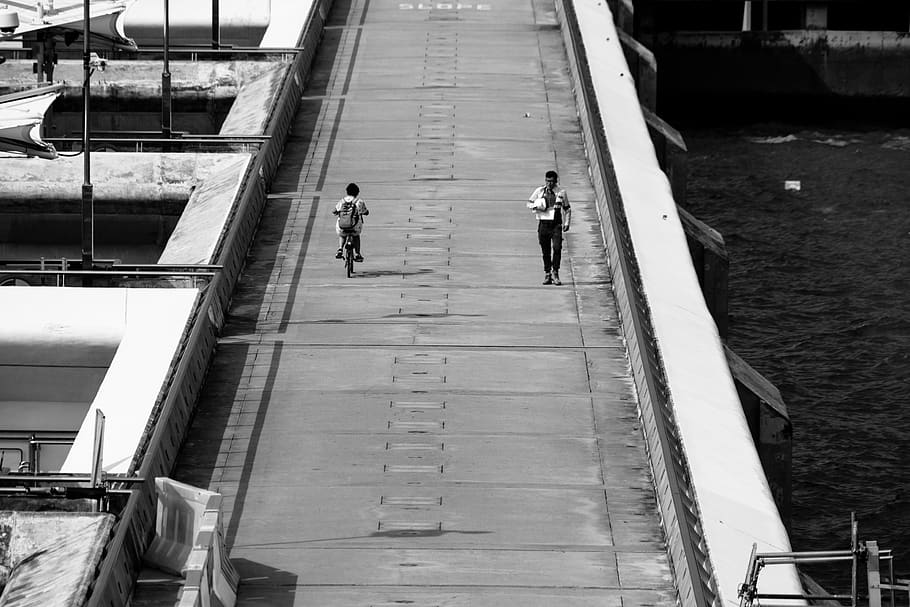 path, bridge, opposite, direction, black and white, real people, HD wallpaper