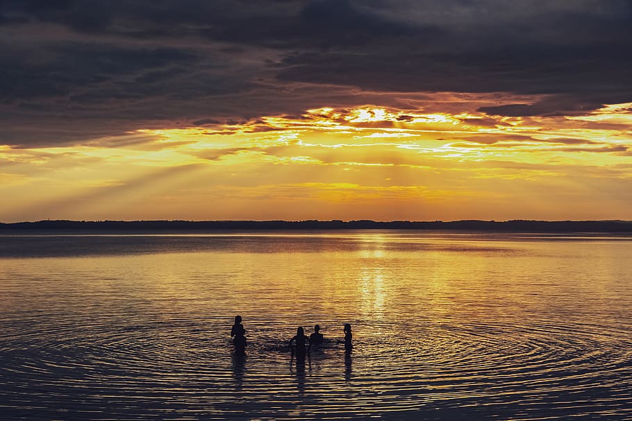lake, sunset, fun, clouds, sky, children, landscape, nature HD wallpaper