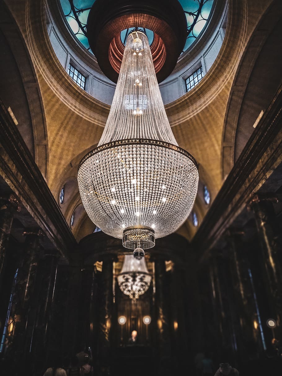silver crystal chandelier placed on ceiling, low angle view, built structure HD wallpaper