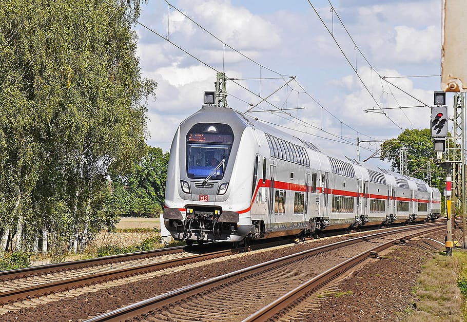 Gray and Red Train during Daytime, double decker, railroad, railway HD wallpaper