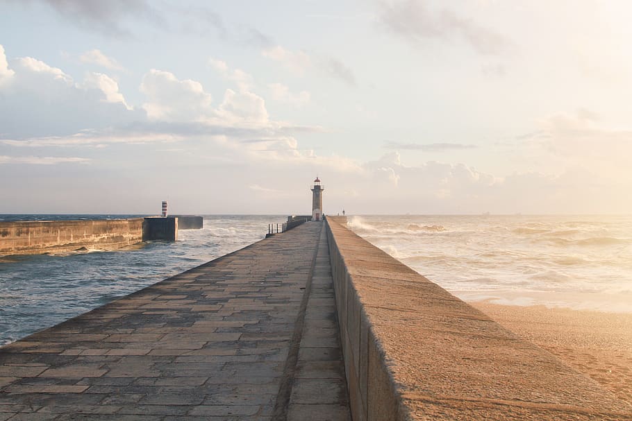 Lighthouse, dawn, ocean, pier, portugal, sea, seashore, sky, sunset HD wallpaper
