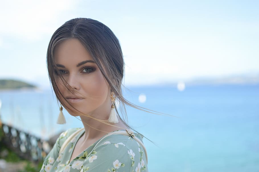 greece, corfu, wind, makeup, hair, sea, girl, woman, people HD wallpaper
