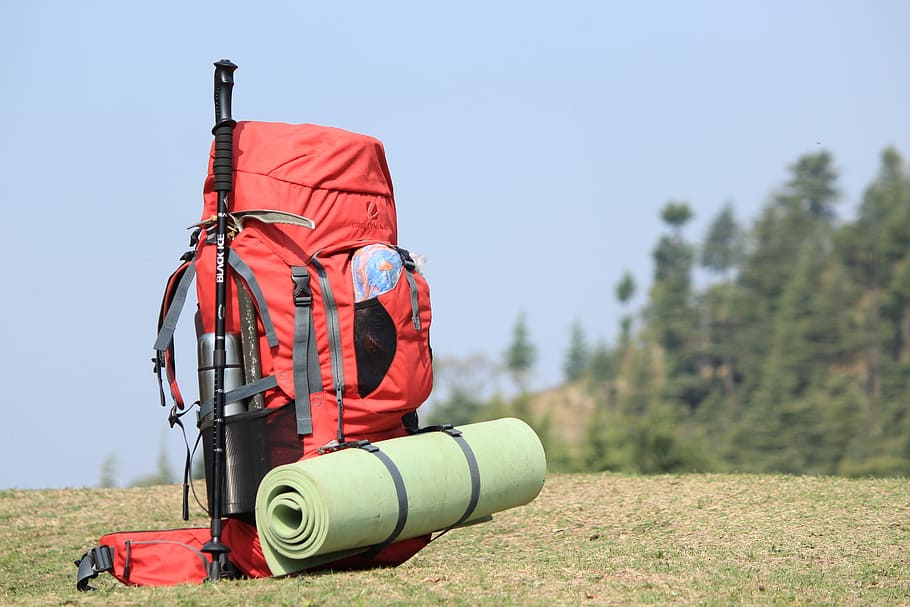 Selective Focus Photo of Red Hiking Backpack on Green Grass, close-up HD wallpaper