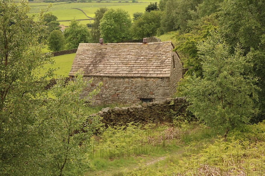 yorkshire, stone barn, building, weathered, countryside, rustic, HD wallpaper