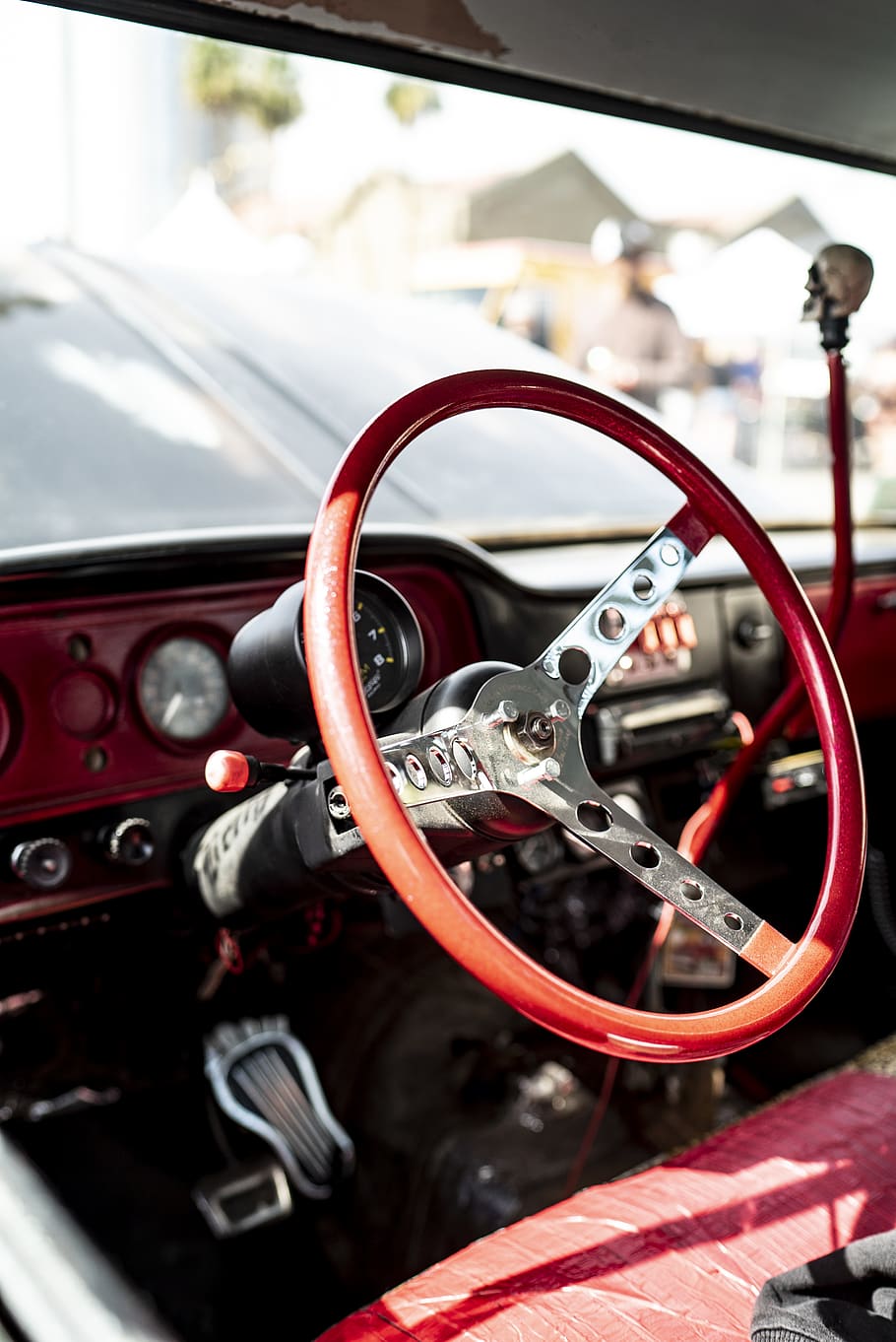 depth of field photography of red vehicle steering wheel, person, HD wallpaper