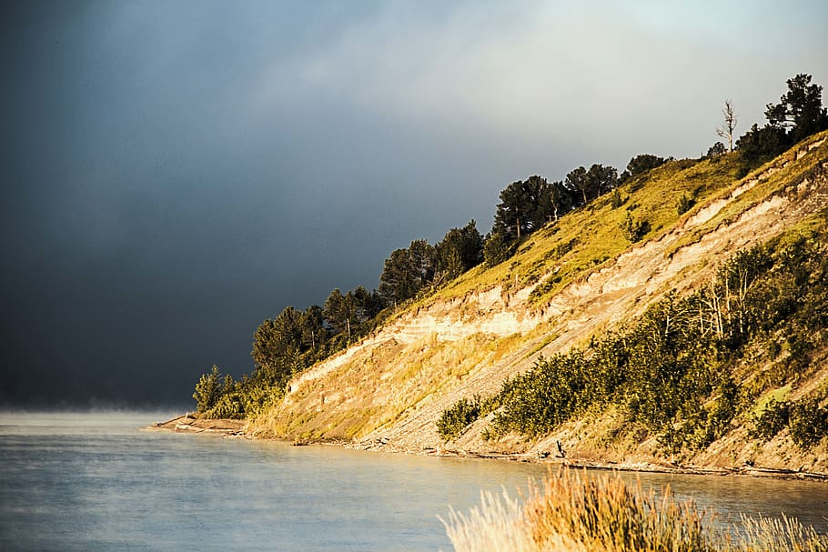 canada, ghost lake, storm, sunlight, trees, clouds, shoreline HD wallpaper