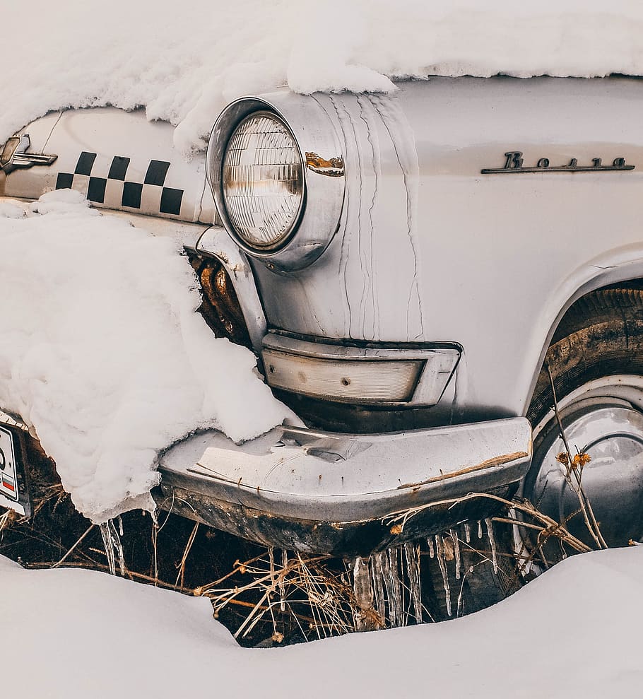 HD wallpaper: Close-Up Photography of Vintage Car Covered With Snow