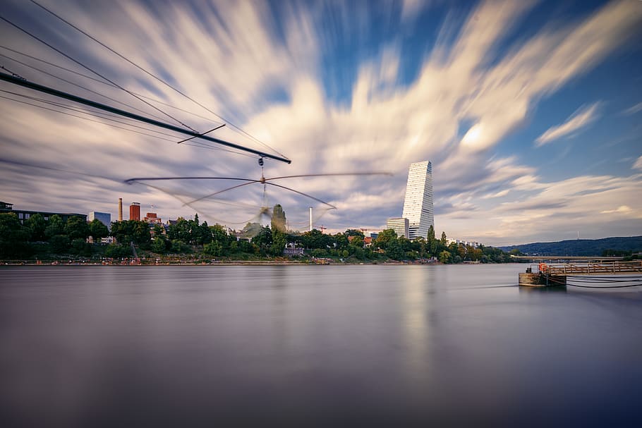 rhine, water, river, basel, roche, tower, city, long exposure, HD wallpaper