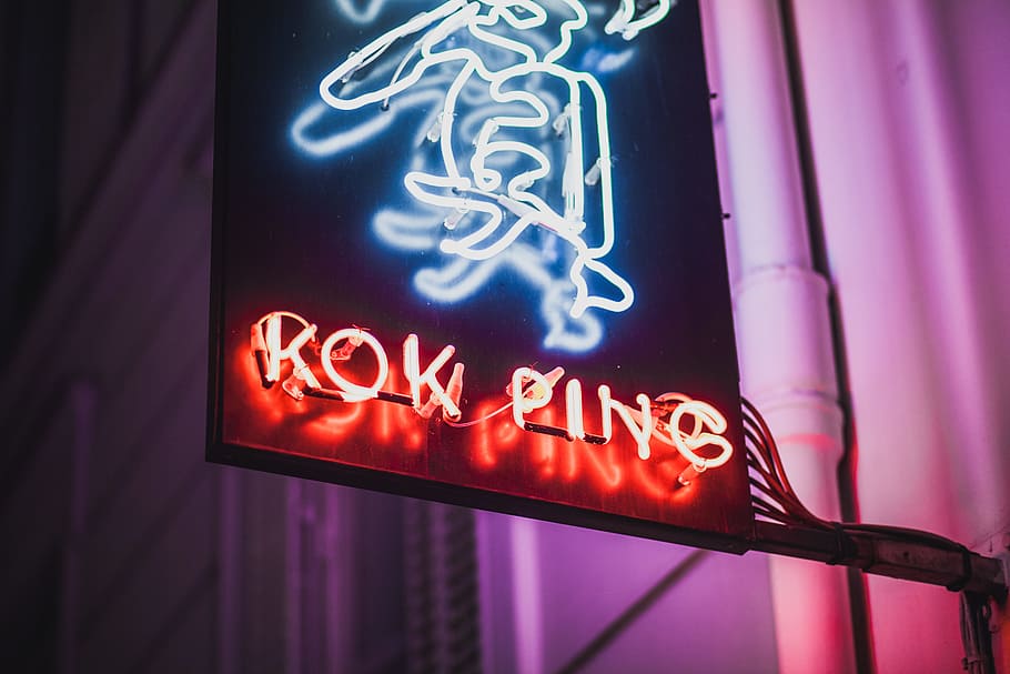 Rok Ping neon sign of building, light, red, cyberpunk, urban