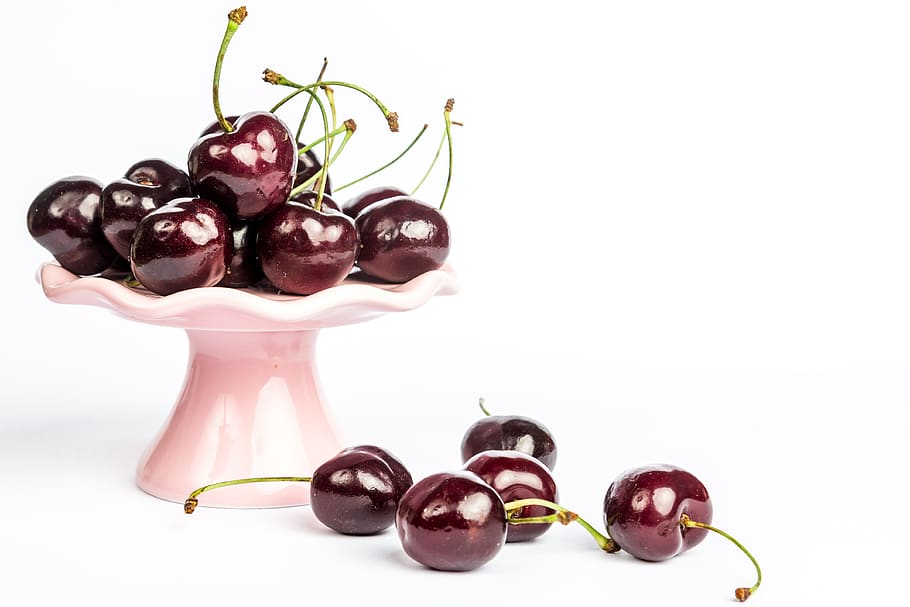 cherry, fruit, white background, pink scale, fruits, red, delicious HD wallpaper