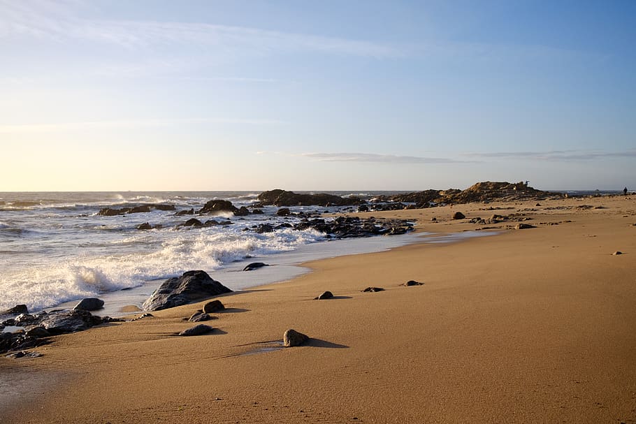 portugal, leça da palmeira, seaside, waves, beach, rocks, sand, HD wallpaper