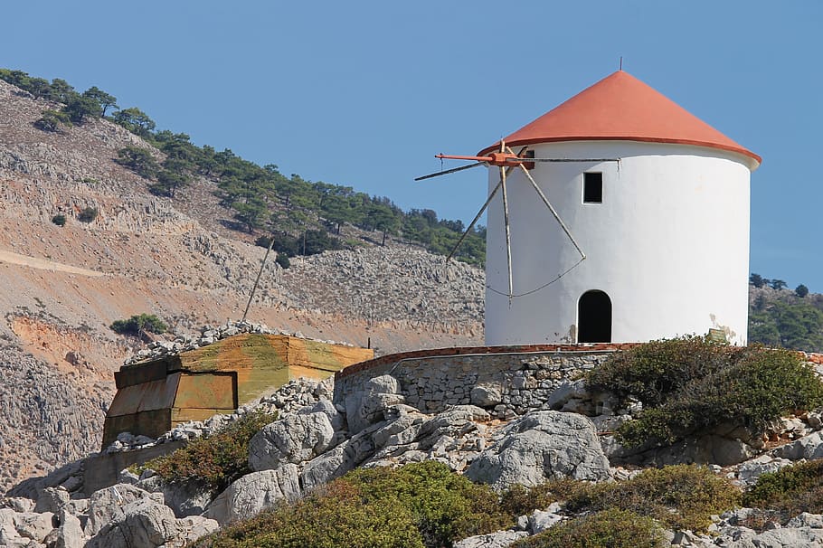 windmill, greece, symi, greek, architecture, island, sky, mediterranean HD wallpaper