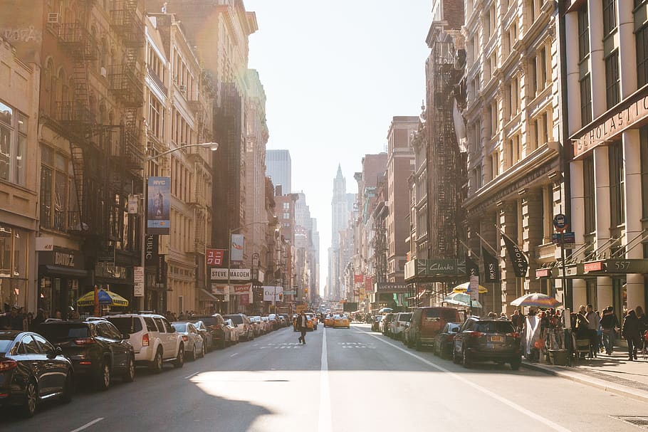 building, city, tower, school, people, crowd, walking, street HD wallpaper