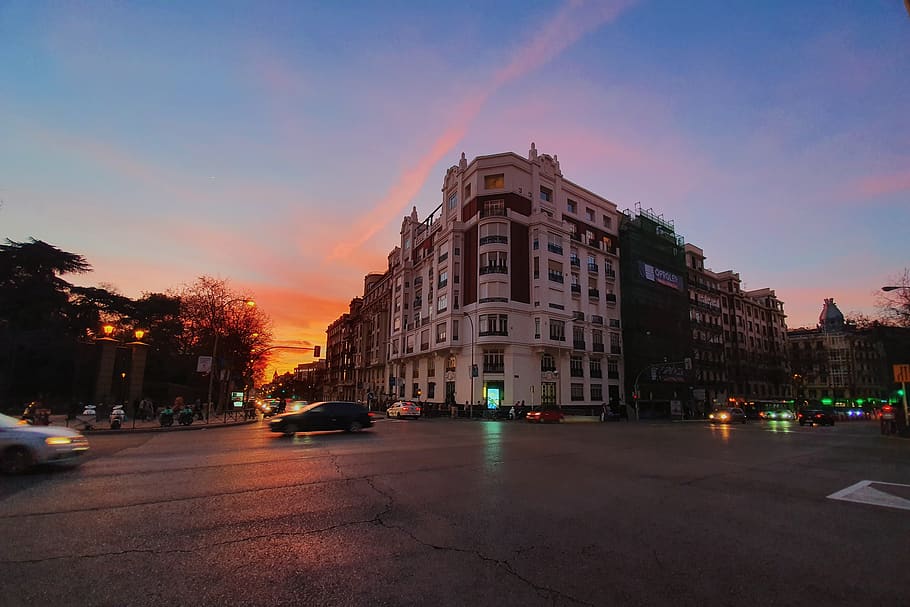 road, intersection, downtown, building, urban, city, car, vehicle HD wallpaper