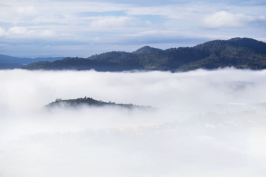 foggy mountain during daytime, nature, outdoors, weather, mist HD wallpaper