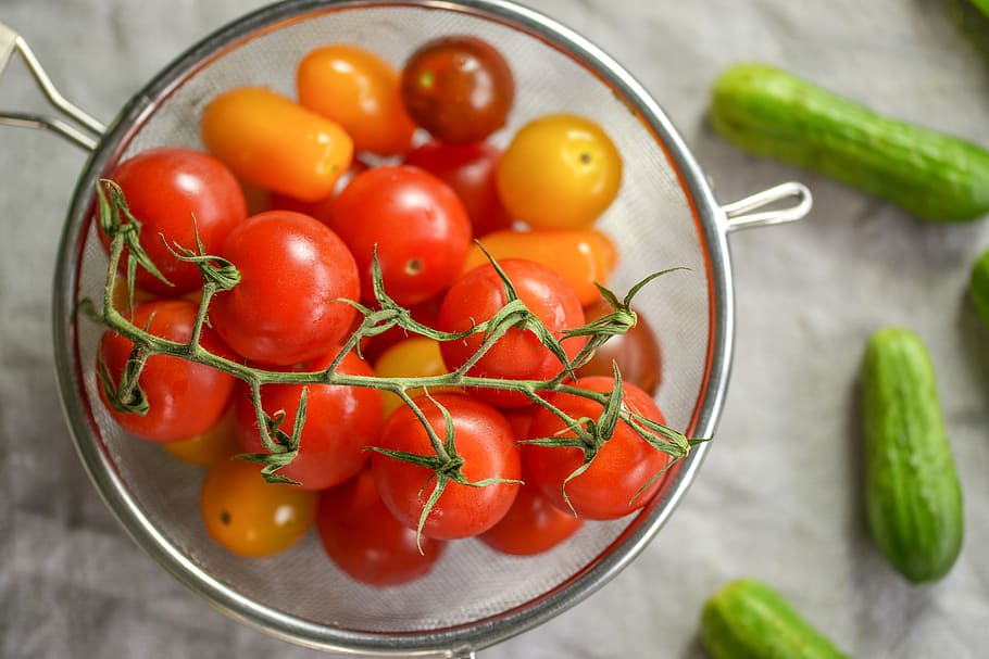 tomatoes, cherry tomatoes, vegetable, cucumber, raw, red, yellow HD wallpaper