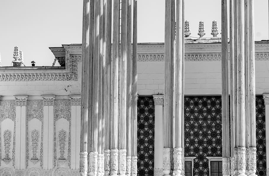 building, architecture, column, pillar, bw, vdnh, ussr, retro HD wallpaper