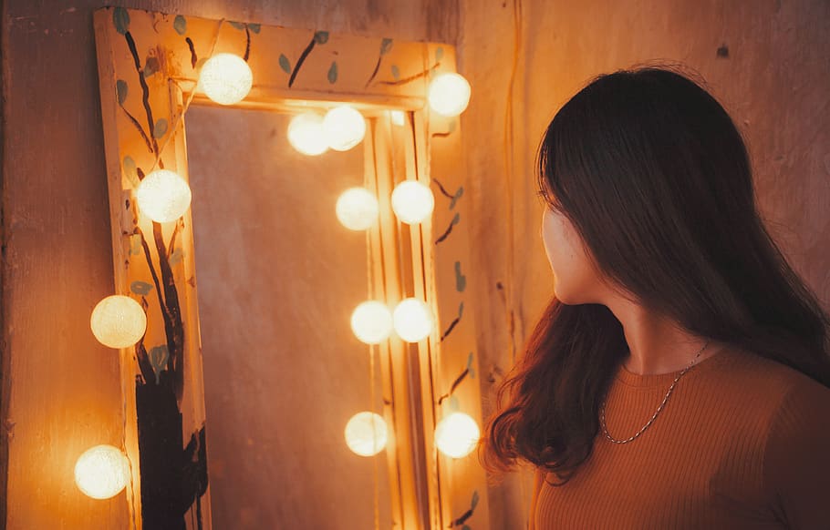 Woman Facing Vanity Mirror, art, bright, color, design, energy HD wallpaper