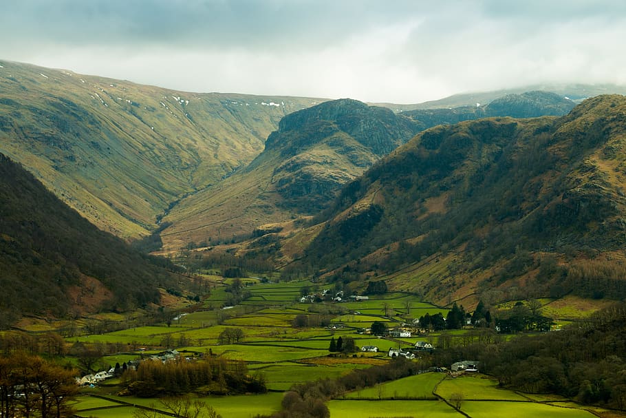 valley, green, mountains, clouds, skies, farm, village, lake district HD wallpaper
