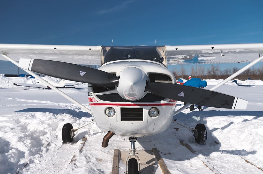 plane, airplane, cessna, propeller, winter, snow, mode of transportation