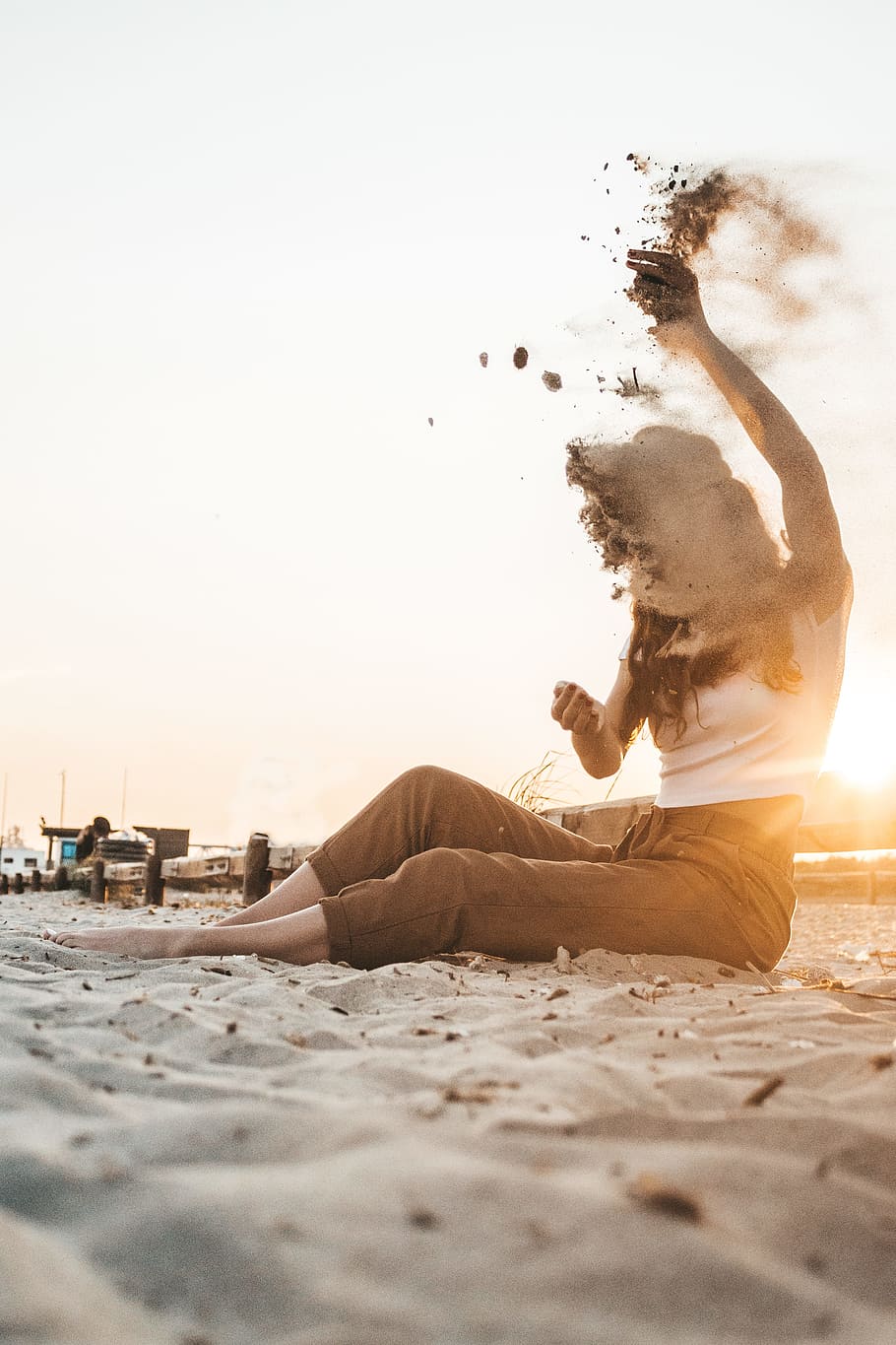 woman lying on sand, person, wind, beach, pants, capri, motion HD wallpaper