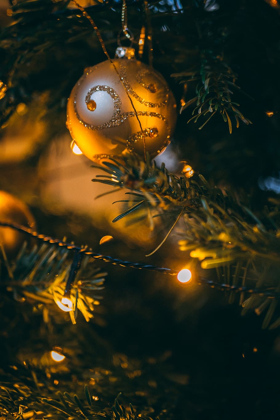 turned-on string light on Christmas tree, celebration, christmas decoration HD wallpaper