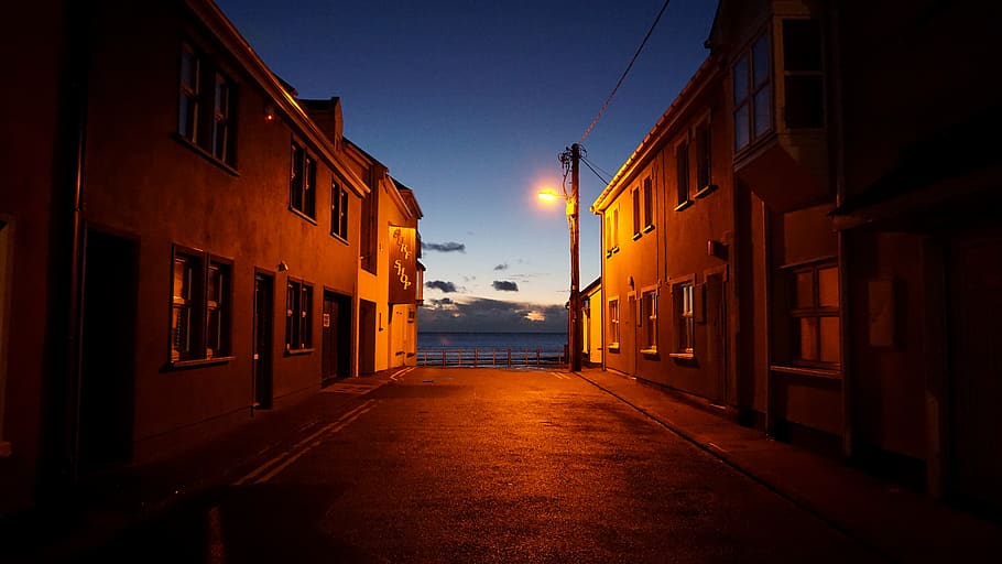 ireland, lahinch, sunset, night, bay, coast, surf, architecture, HD wallpaper