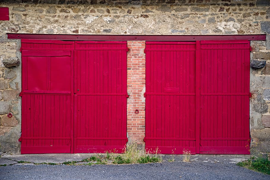 gate, door, farm, barn, red, old, country, france, entrance HD wallpaper