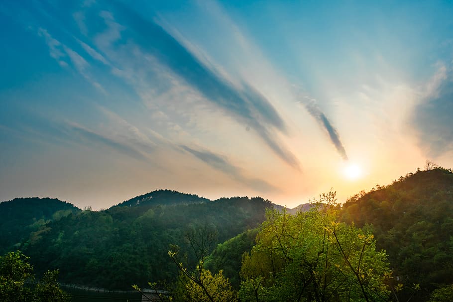 tree, green leaf, cloud, sunset, mountain, guiyang, aha reservoir HD wallpaper
