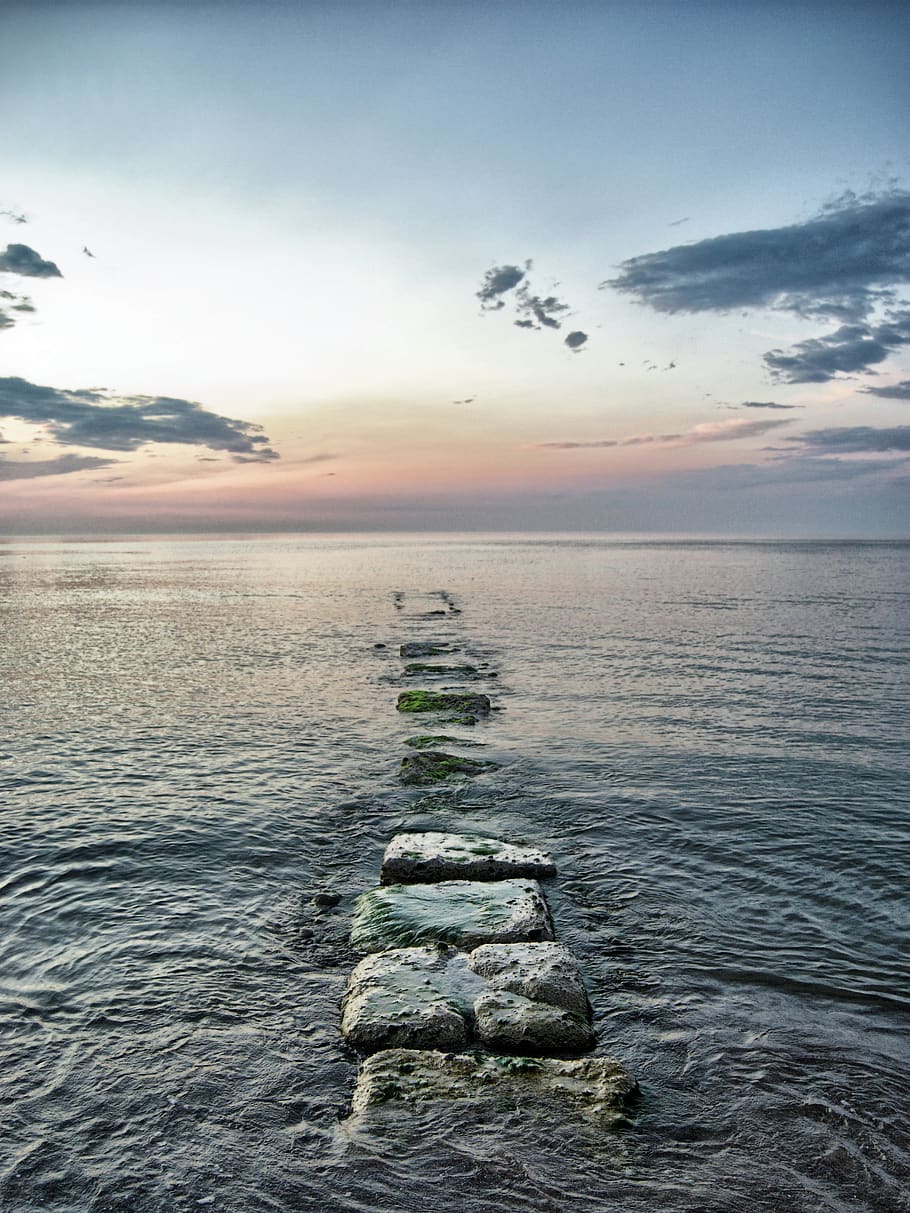 sea, stone, stones, path, evening, calm, sky, cloud - sky, water HD wallpaper