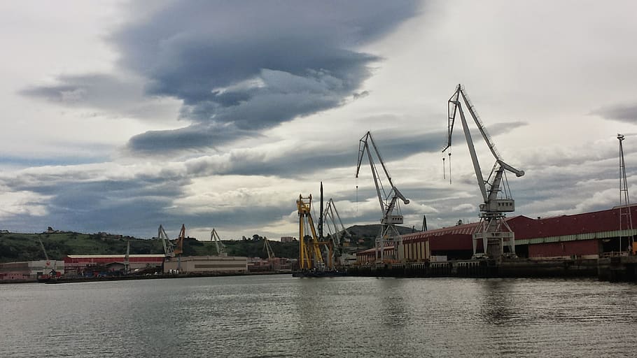bilbao, riverside, industrial, cloud - sky, water, transportation HD wallpaper