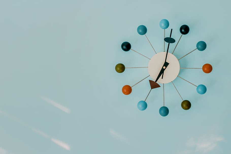 White Clock, art, blue background, clock face, close-up, colors HD wallpaper
