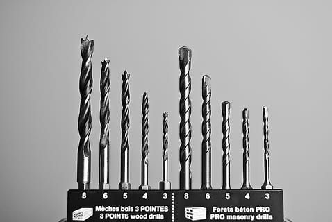 Grayscale Photography of Masonry and Wood Drills, bits, black-and-white HD wallpaper