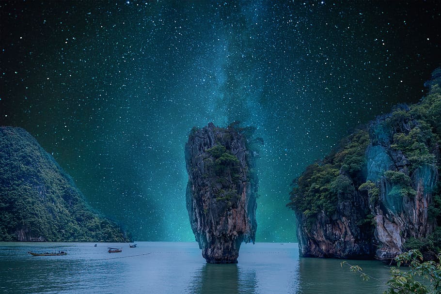 landscape, night, sky, star, rocks, sea, starry, water, beauty in nature HD wallpaper