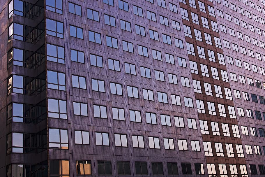 glass walled high rise building, office building, city, town