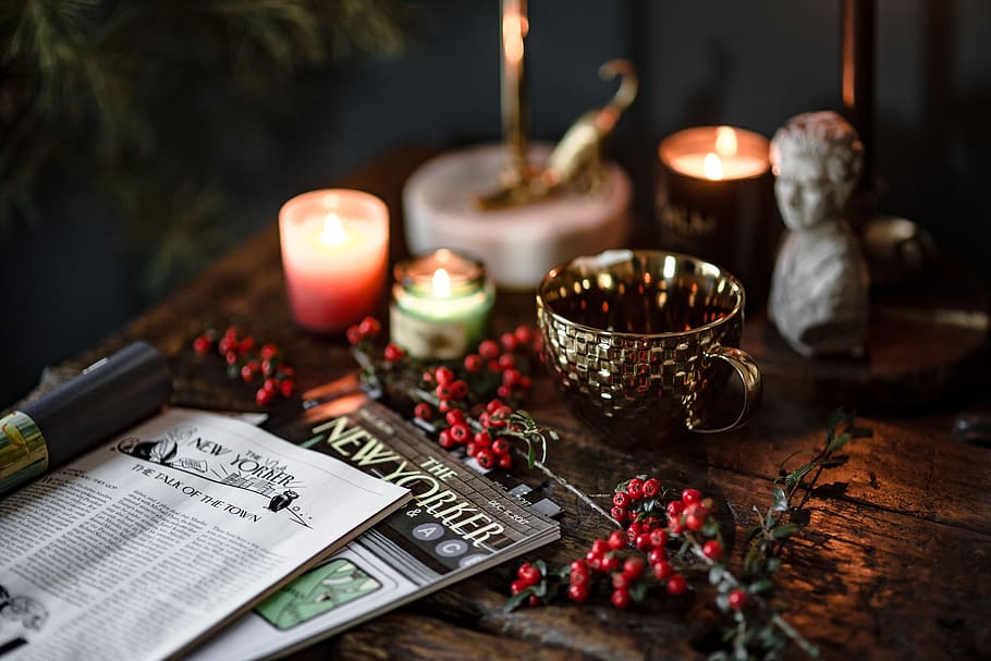 Books and Fresh Holly, vintage, newspapers, workspace, desk, notebook HD wallpaper