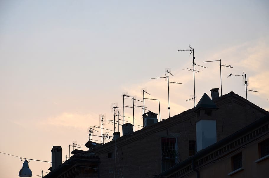 italy, ferrara, antenna, tv, rooftop, city, architecture, sky, HD wallpaper