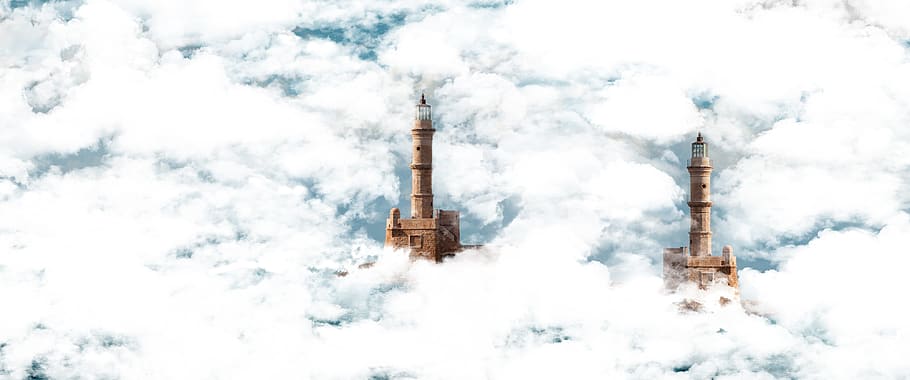 sky, tower, clouds, fantasy, building, selva marine, industry HD wallpaper