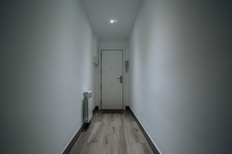 Photo of Hallway, door, doorway, empty, indoors, white wall, wooden floor HD wallpaper