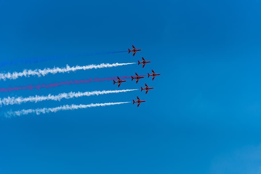 six aircraft, smoke, sky, airplane, united kingdom, silverstone circuit HD wallpaper