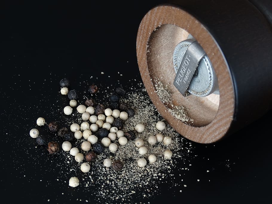 White and Black Peppers, brand, close-up, ingredient, pepper grinder HD wallpaper
