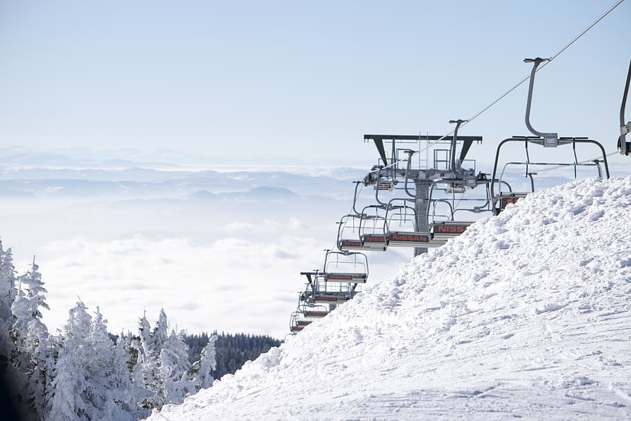 winter, mountains, cold temperature, snow, nature, sky, cable car HD wallpaper