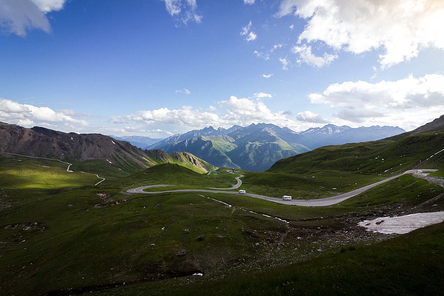 austria, mountains, sky, clouds, gras, glacier, snow, rocks HD wallpaper