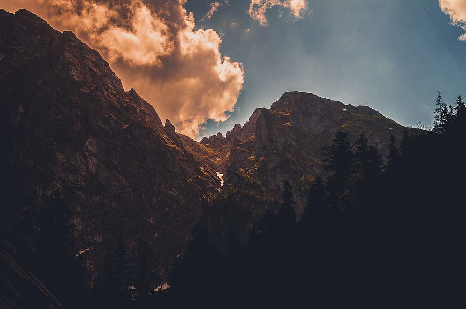 Photo of Rock Mountain Near Treers, backlit, clouds, dawn, daylight, HD wallpaper
