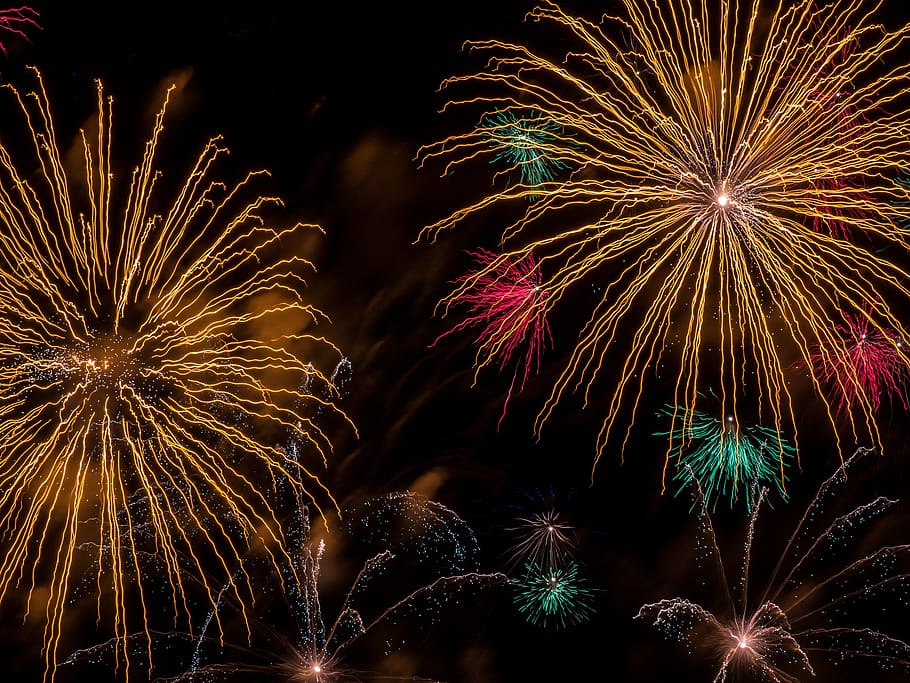 fireworks display, nature, outdoors, night, light, colors, flare HD wallpaper