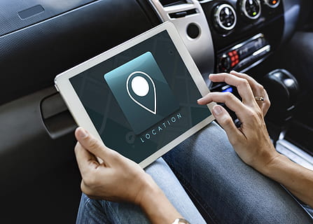 Person Using White Tablet Computer Displaying Location Text, car HD wallpaper