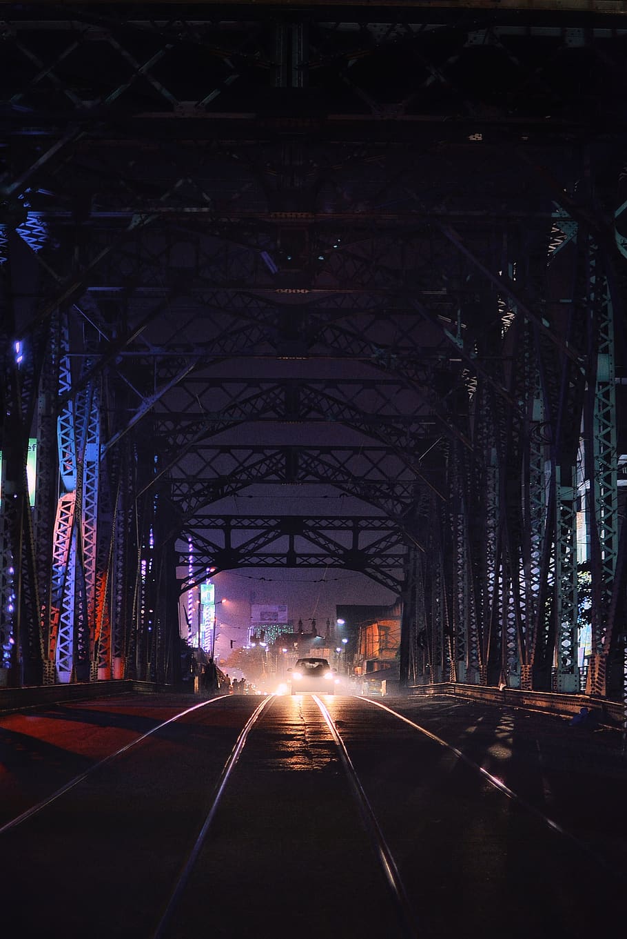 car on road under bridge at nighttime, way, town, urban, metropolis